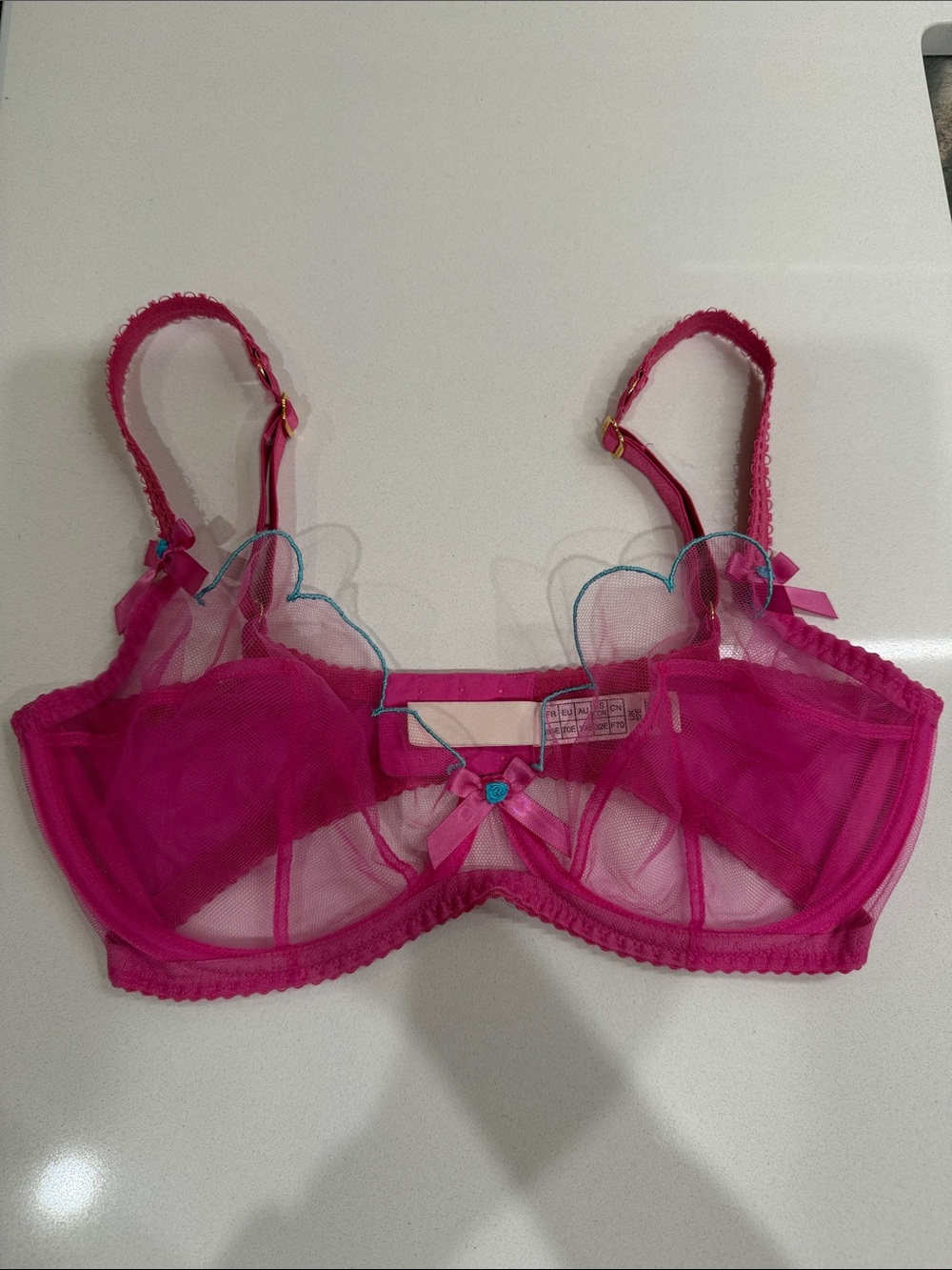 Agent Provocateur Lorna Plunge Hot Pink Turquoise Sheer Underwire Bra 32E/32DDD